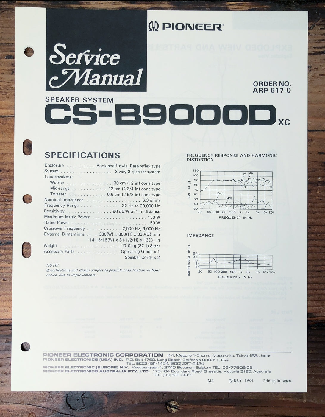 Pioneer CS-B9000D Speaker System Service Manual *Original*
