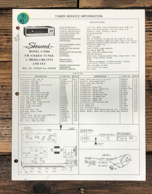 Sherwood S-3300 Tuner Operation & Service Manual *Original*