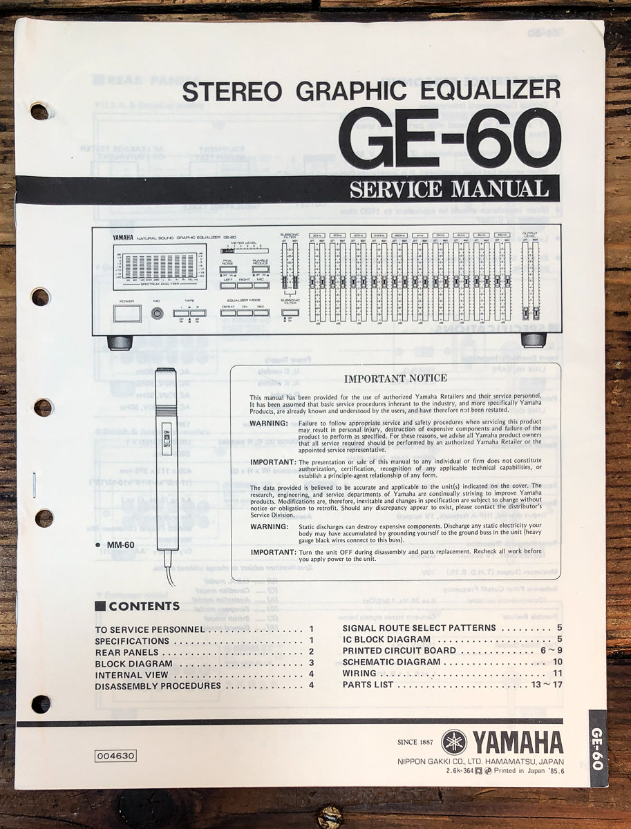 Yamaha GE-60 Equalizer Service Manual *Original*