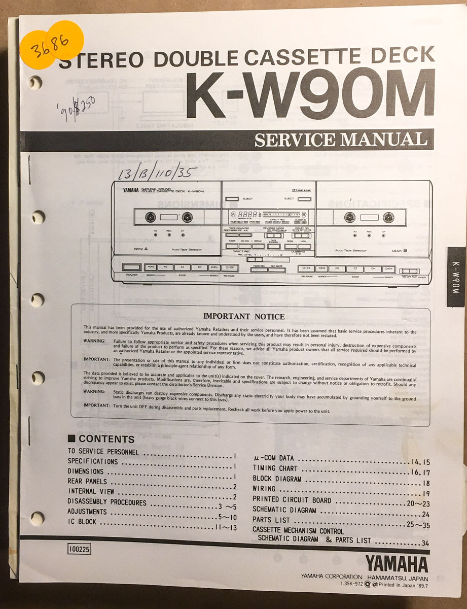 Yamaha K-W90M Cassette  Service Manual *Original*