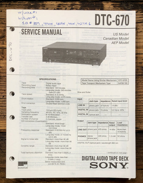 Sony DTC-670 DAT Tape Deck  Service Manual *Original*