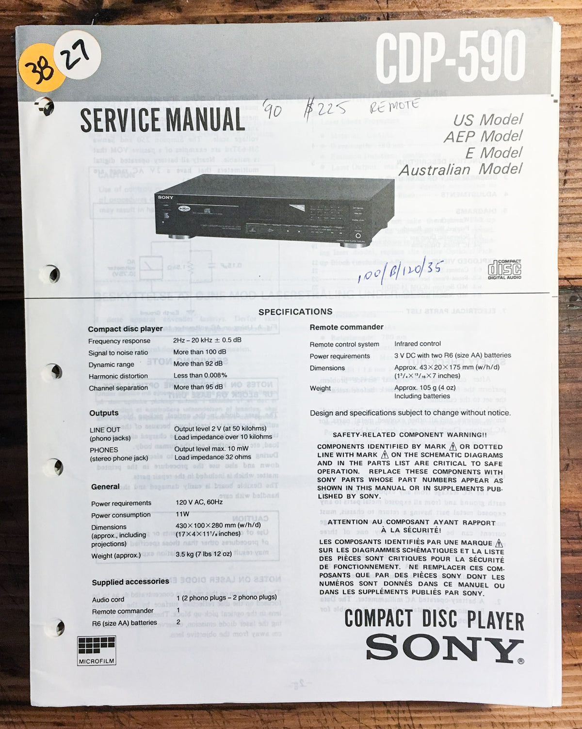 Sony CDP-590 CD Player  Service Manual *Original*