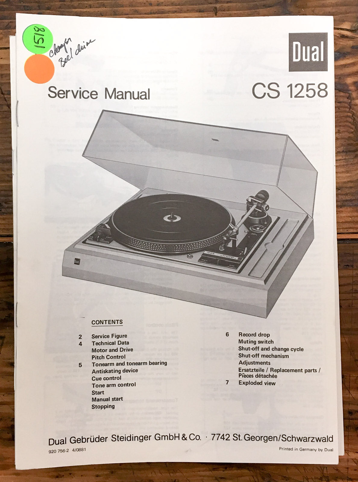 Dual CS 1258 Record Player / Turntable  Service Manual *Original*