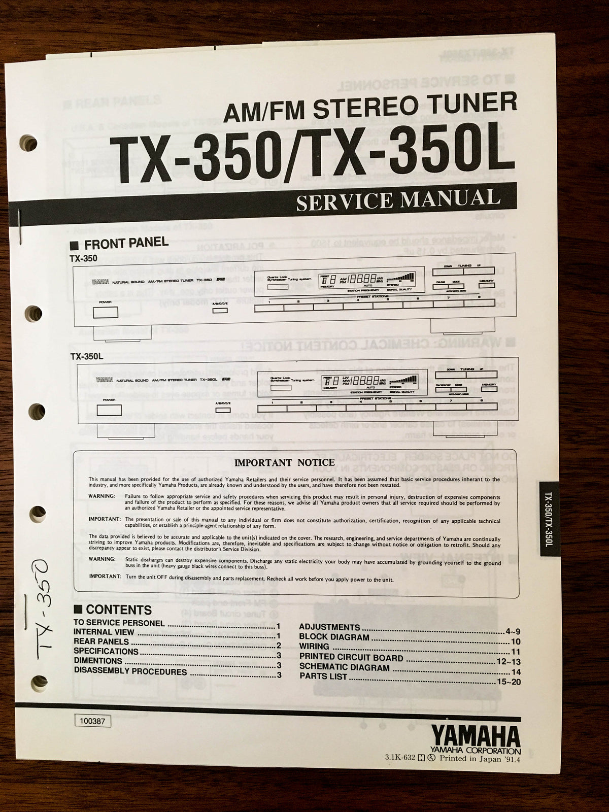 Yamaha TX-350 TX-350L TUNER Service Manual *Original*