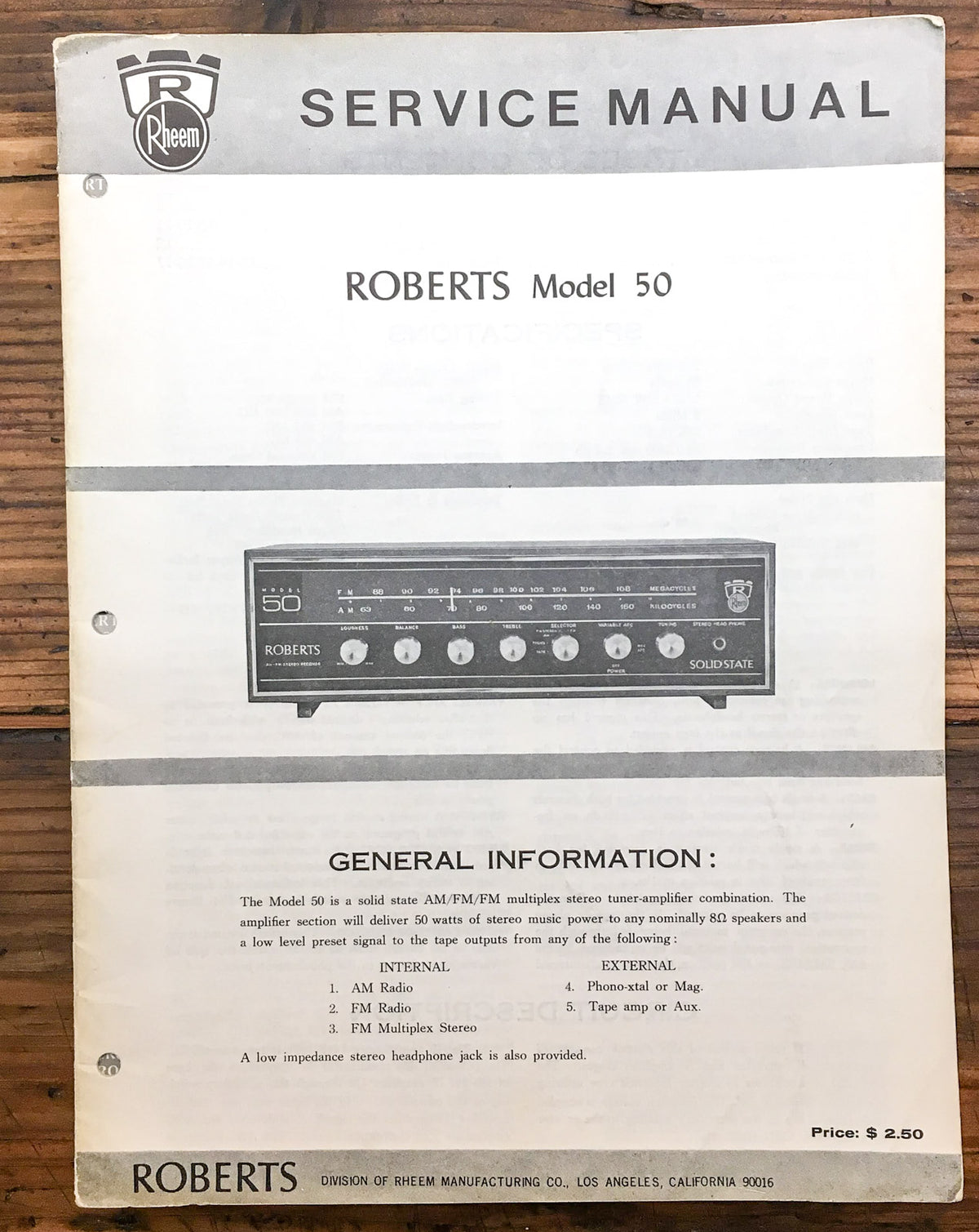 Roberts Model 50 Receiver  Service Manual *Original*