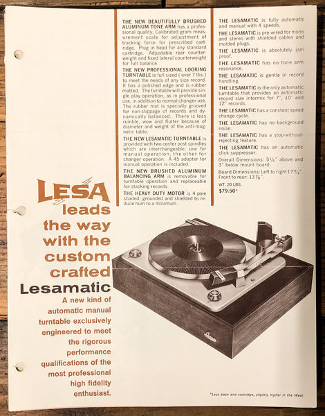 LESA Model CD2 /21 4V3 /11 GT5 /11 Turntable 3pg Dealer Brochure *Orig*