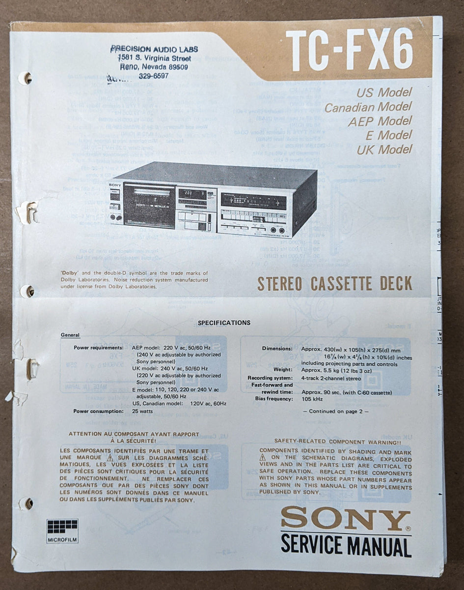 Sony TC-FX6 Cassette Service Manual *Original*