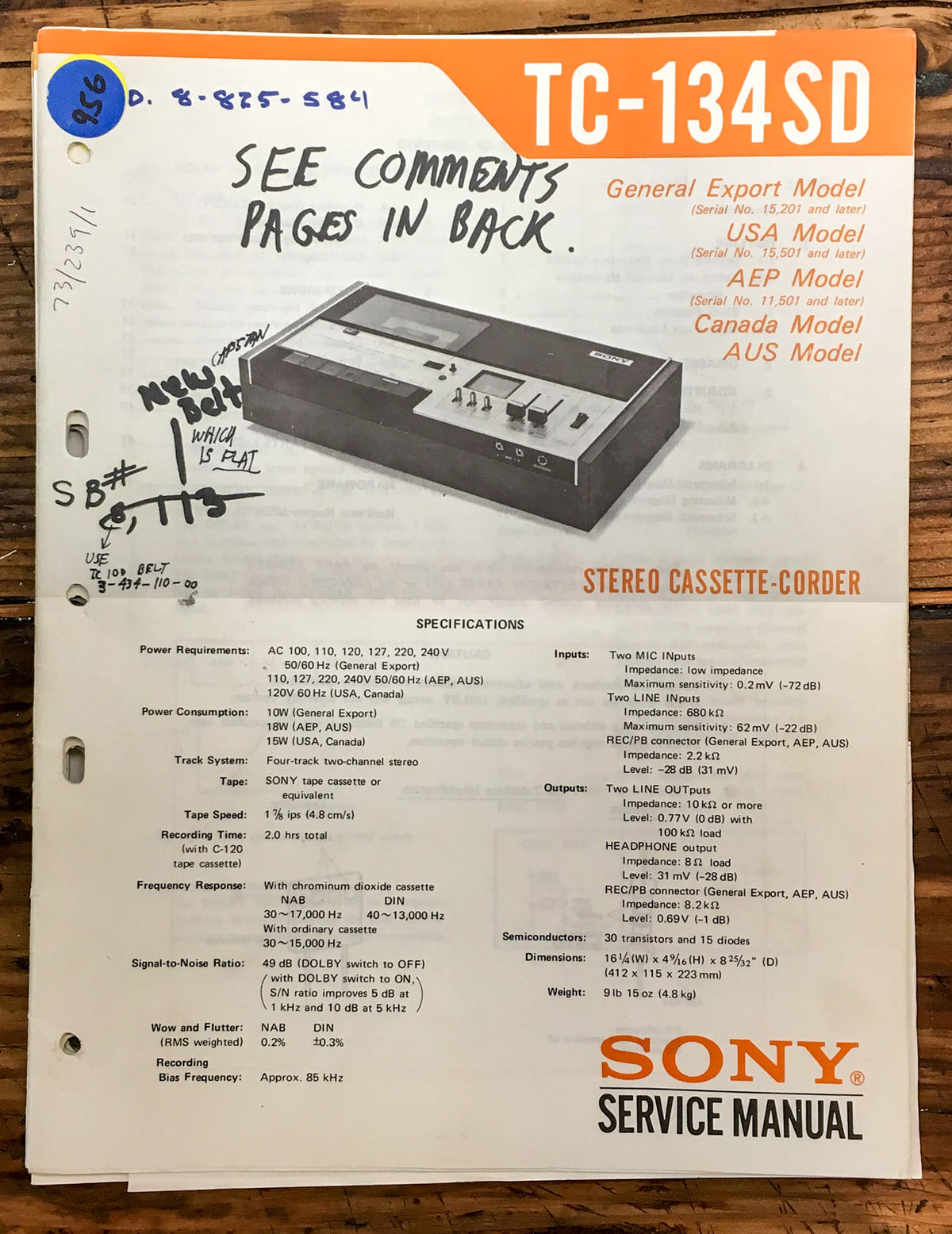 Sony TC-134SD Cassette  Service Manual *Original*