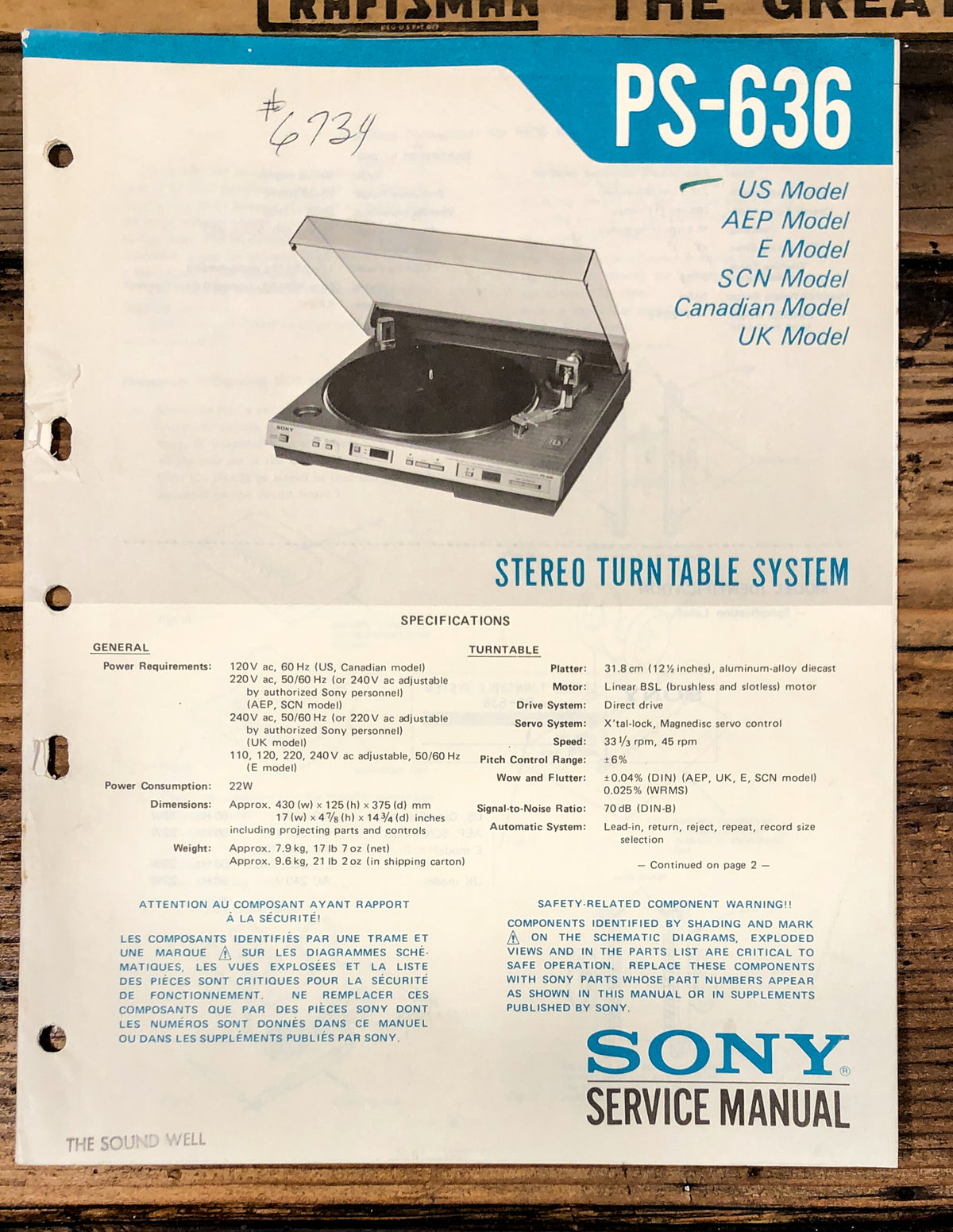 Sony PS-636 Record Player / Turntable  Service Manual *Original*