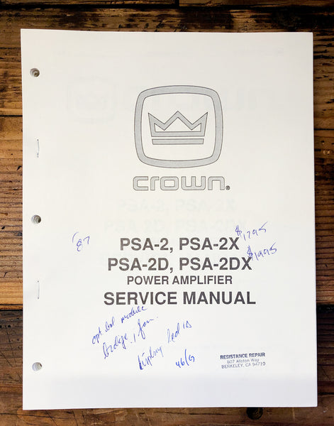 Crown PSA-2 -2X 2X -2DX  Amplifier  Service Manual *Original*