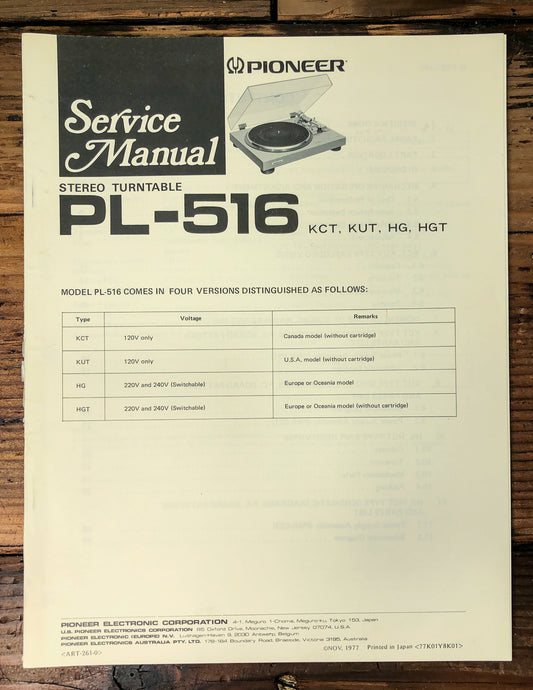 Pioneer PL-516 Turntable Service Manual *Original*
