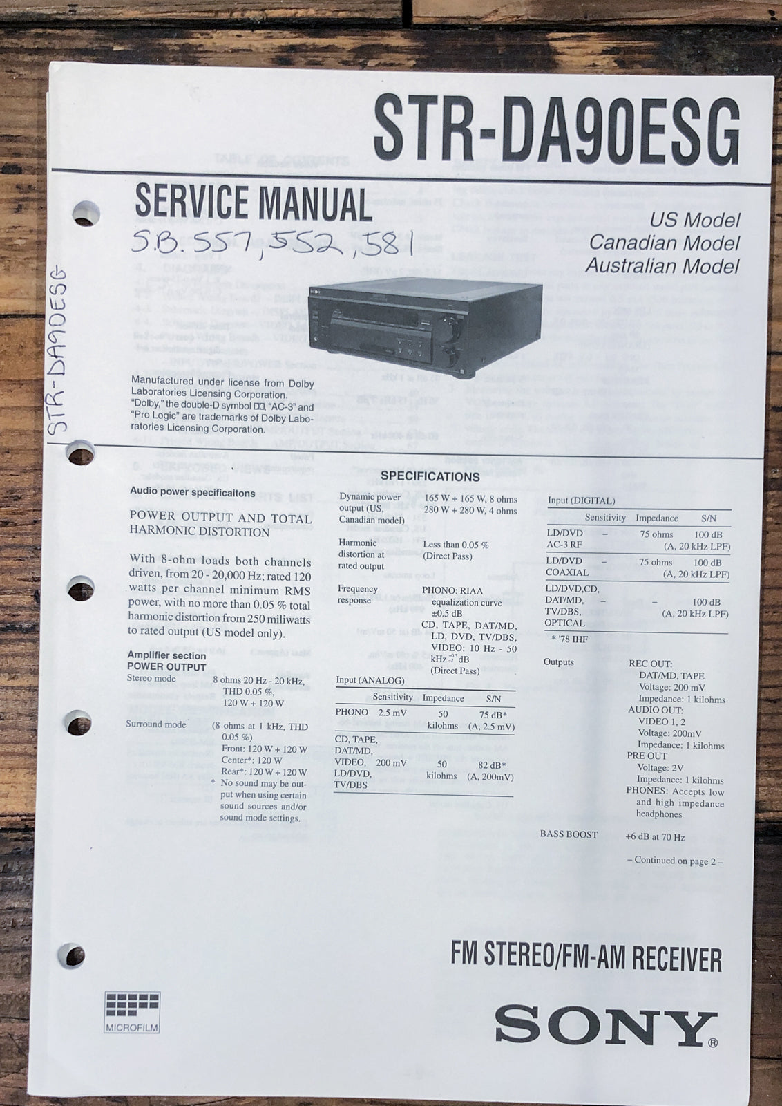 Sony STR-DA90ESG Receiver  Service Manual *Original*