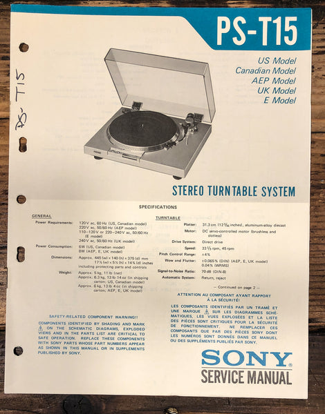 Sony PS-T15 Record Player / Turntable Service Manual *Original*