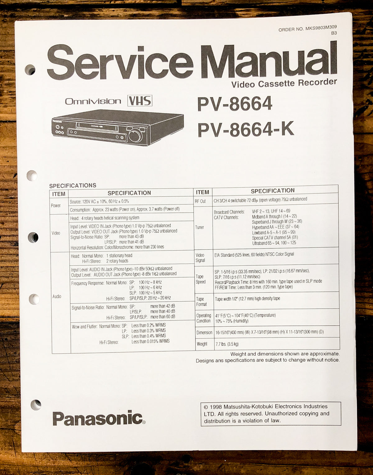 Panasonic PV-8664 PV-8664-K VCR  Service Manual *Original*