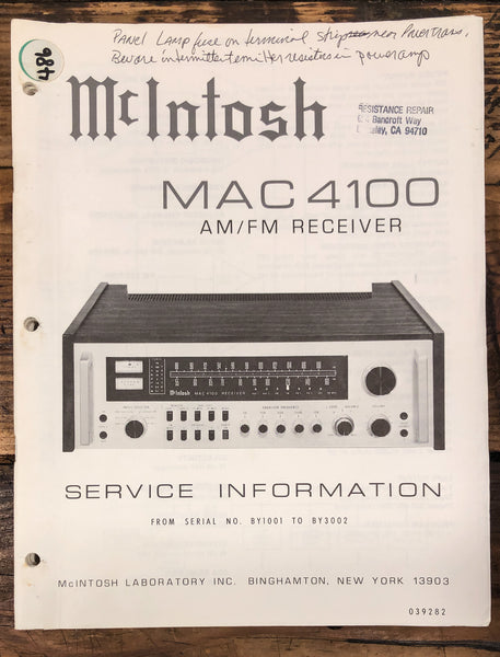 McIntosh MAC 4100 Receiver  Service Manual *Original* #3