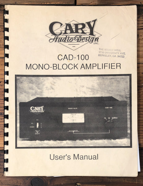 Cary Audio Design CAD-100 Amplifier  Owner / User Manual *Original*