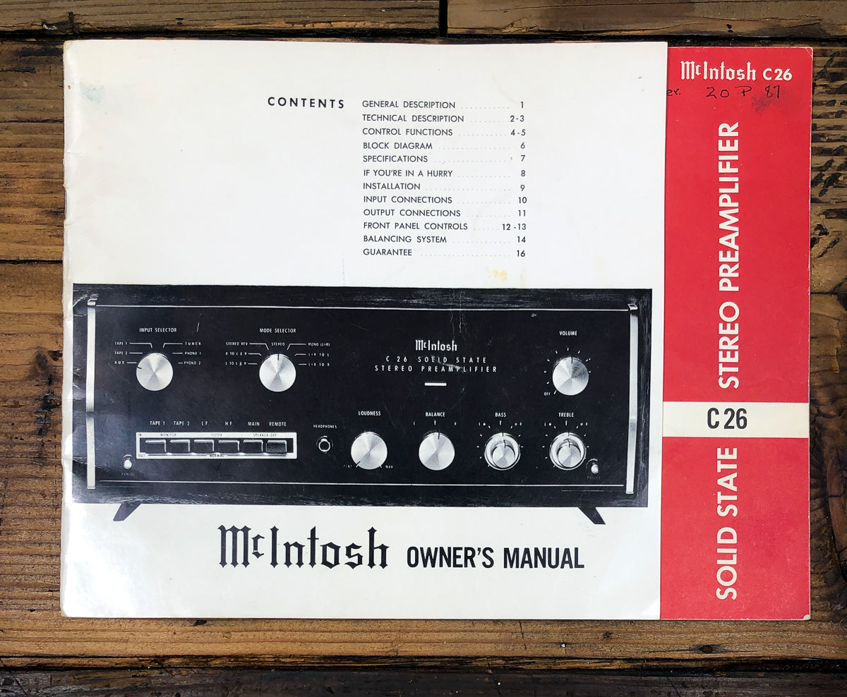 McIntosh C26 C-26 Preamp / Preamplifier Owners / User Manual *Original*
