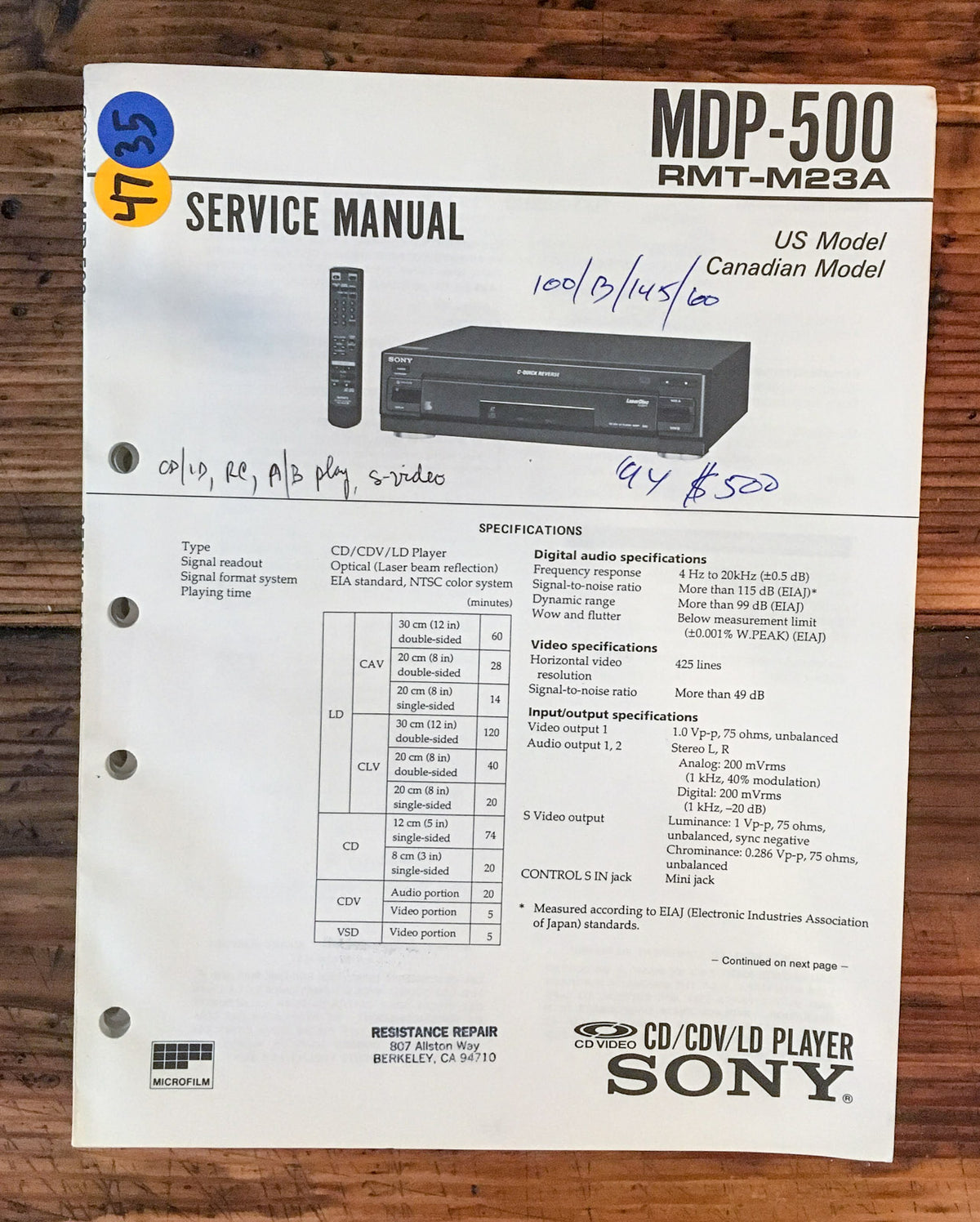 Sony MDP-500 CD CDV LD Player  Service Manual *Original*