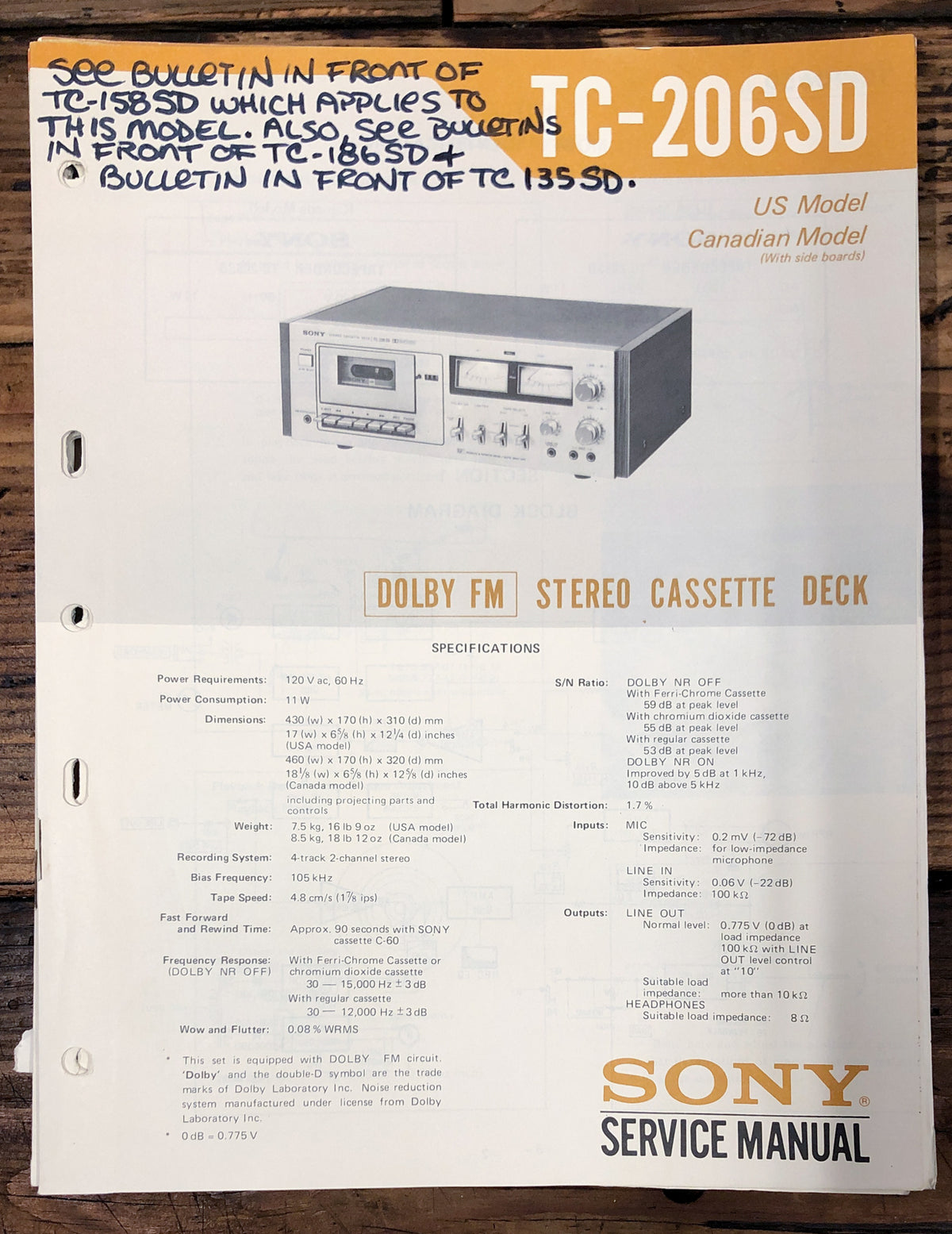 Sony TC-206SD Cassette  Service Manual *Original*