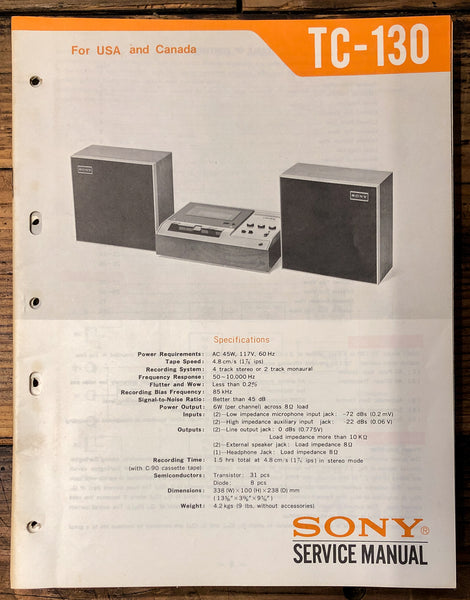 Sony TC-130 Tape Recorder  Service Manual *Original*