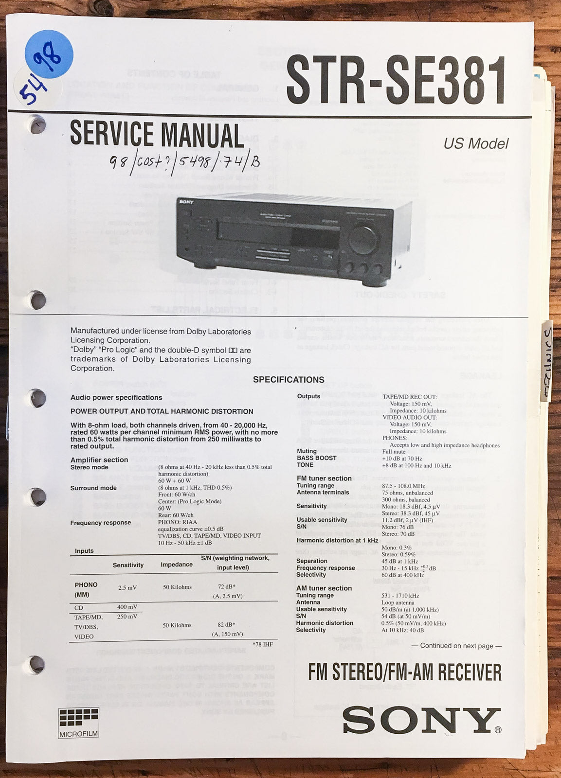 Sony STR-SE381 Receiver  Service Manual *Original*