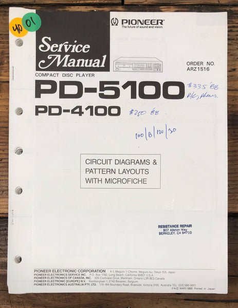 Pioneer PD-4100 PD-5100 CD Player  Service Manual *Original*