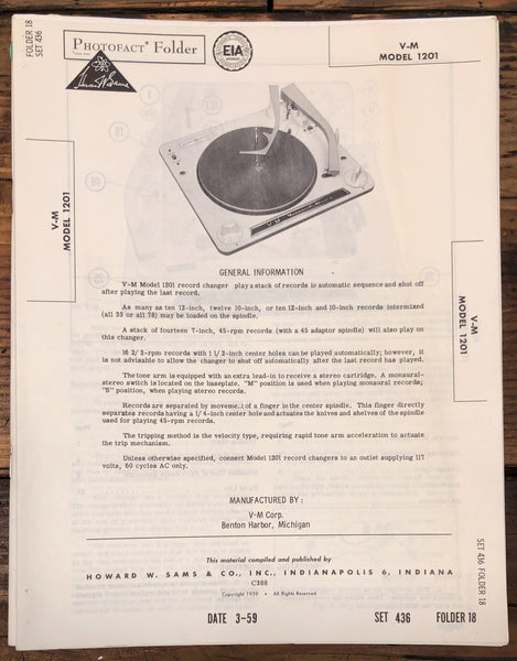 Voice of Music Model 1201 Record Player / Turntable  Service Manual *Original*