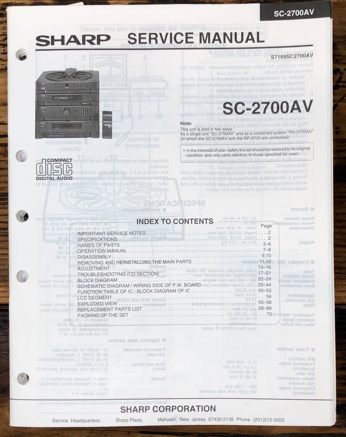 Sharp SC-2700AV Stereo System Service Manual *Original*