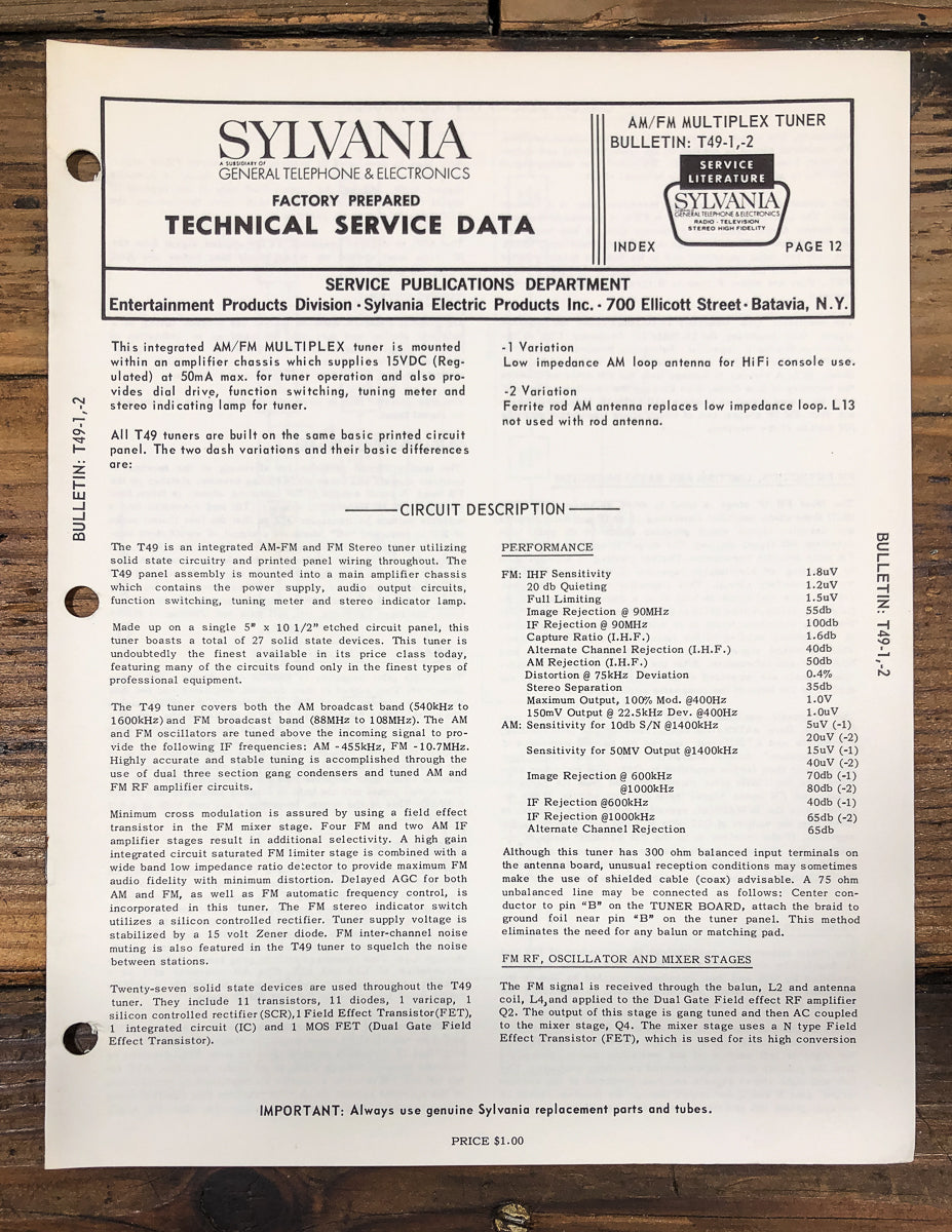 Sylvania T49 T-49 T49-1  Tuner Service Manual *Original*
