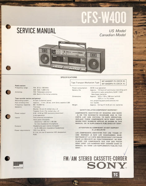 Sony CFS-W400 Radio Service Manual *Original*