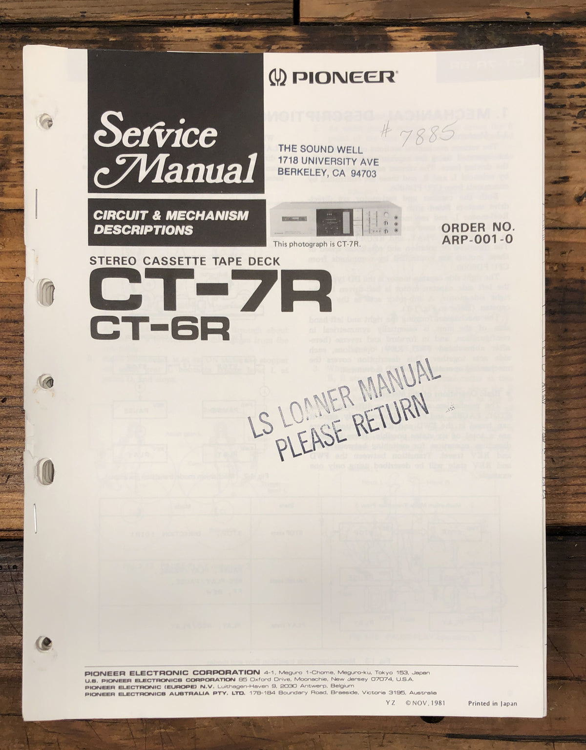 Pioneer CT-7R CT-6R Cassette  Service Manual *Original*