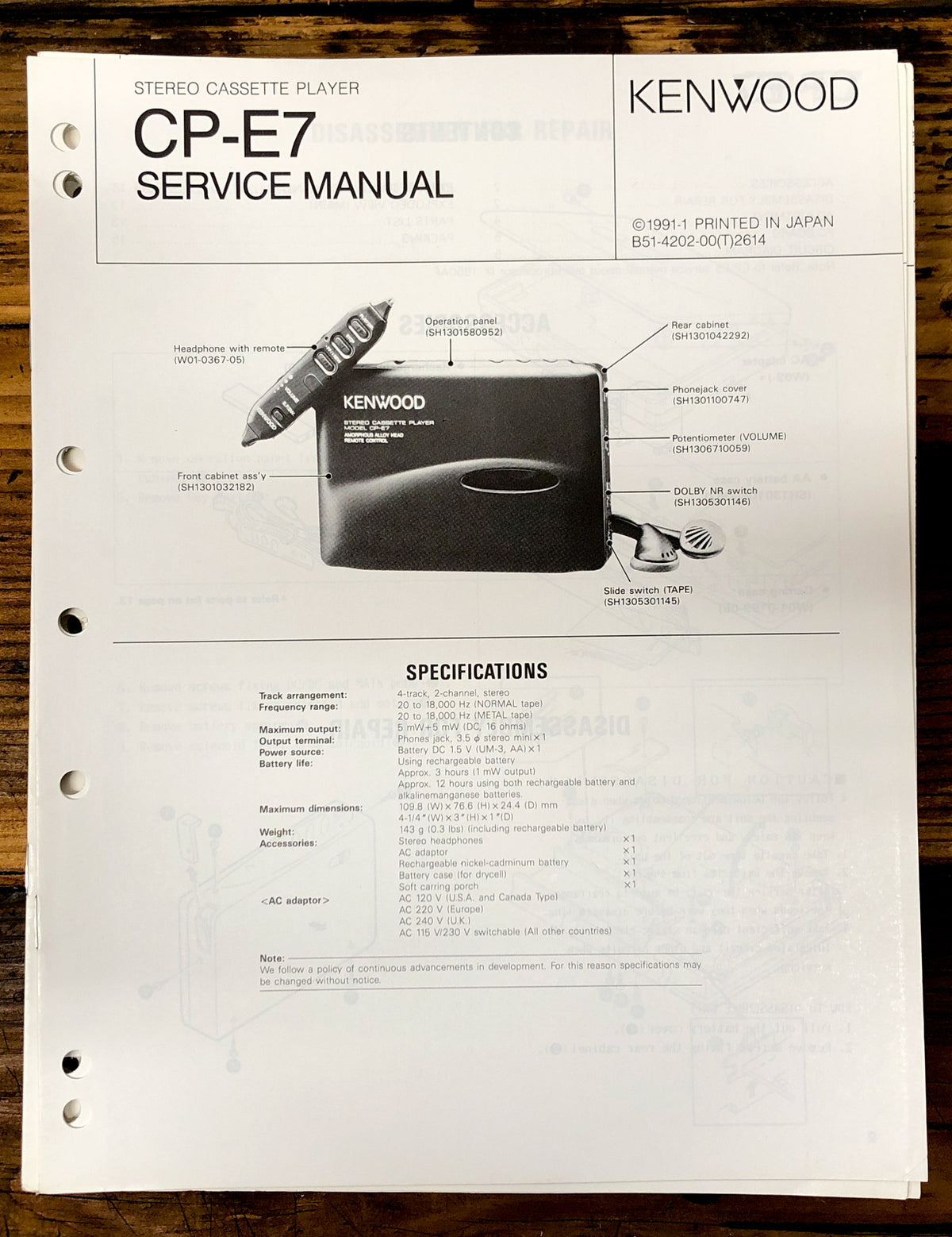 Kenwood CP-E7 Cassette  Service Manual *Original*