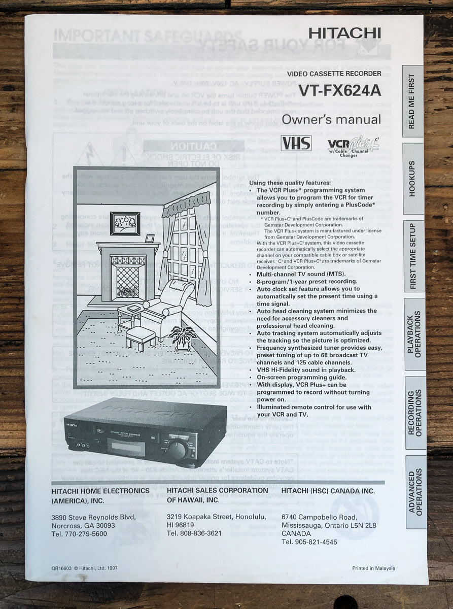 Hitachi VT-FX624A VCR Owners / User Manual *Original*