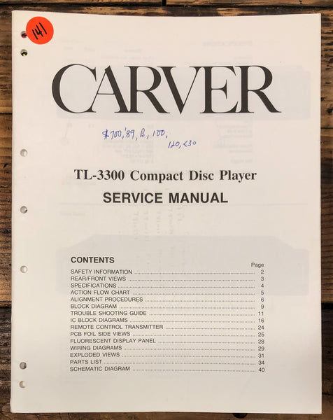 Carver TL-3300 CD Player  Service Manual *Original*