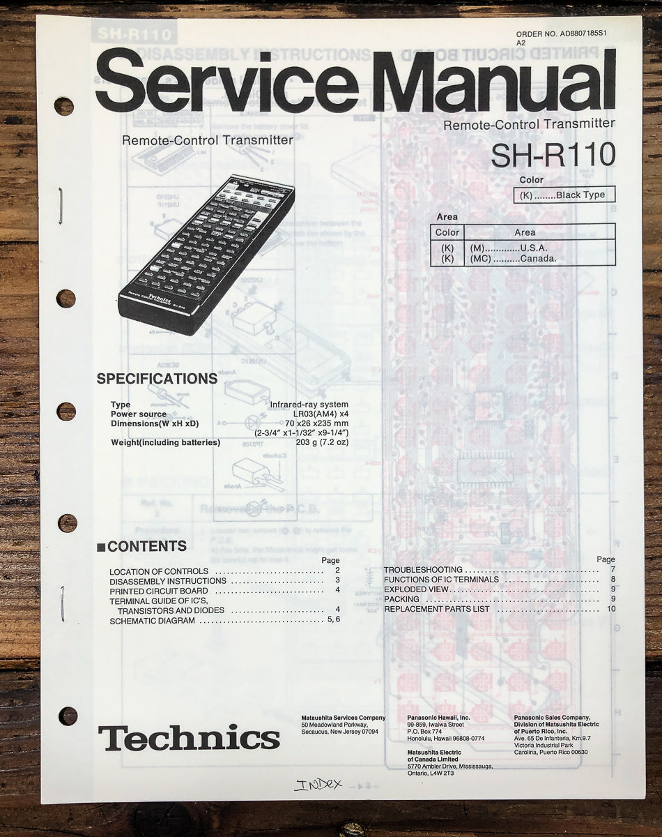 Technics SH-R110 Remote Control Service Manual *Original*