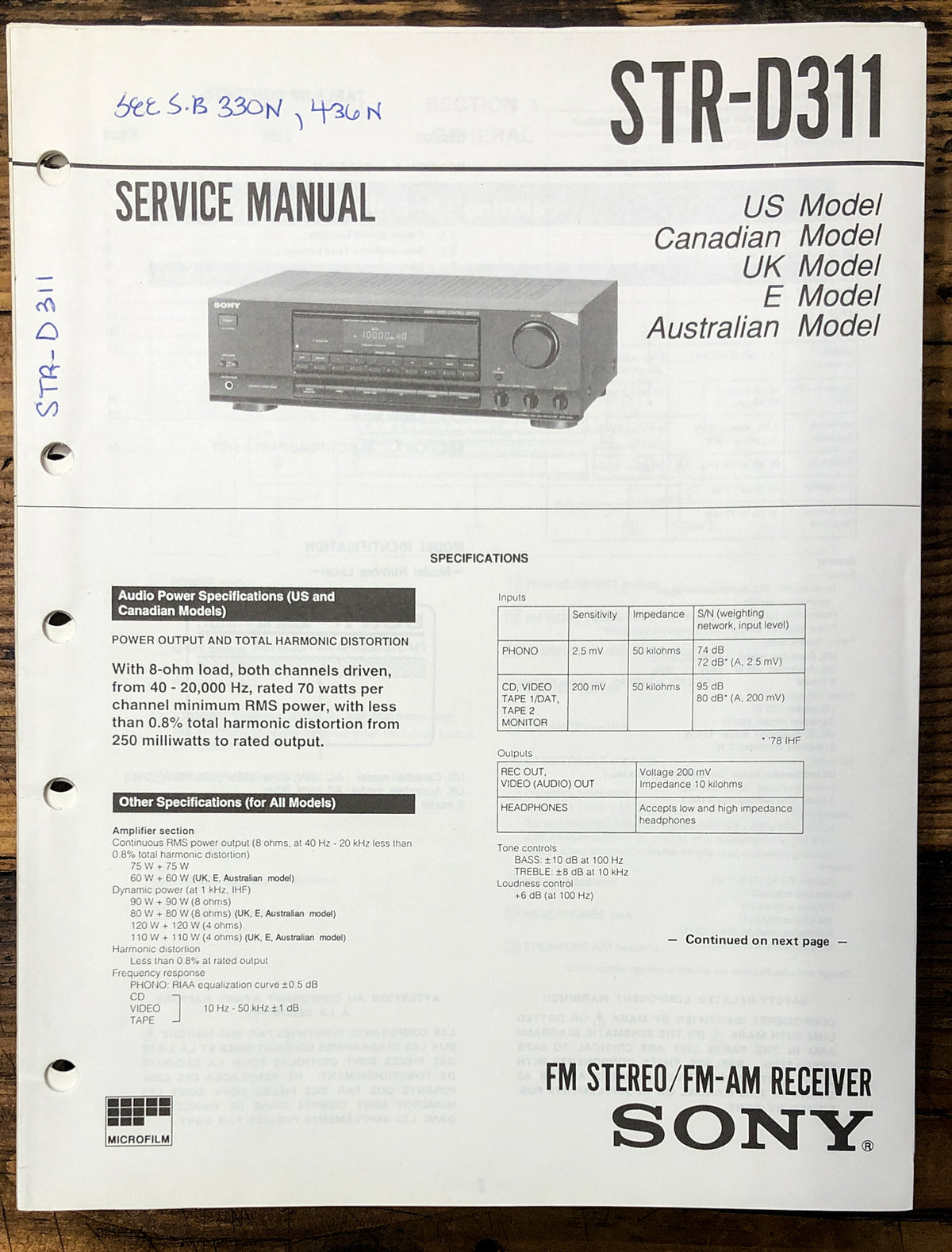 Sony STR-D311 Receiver  Service Manual *Original*