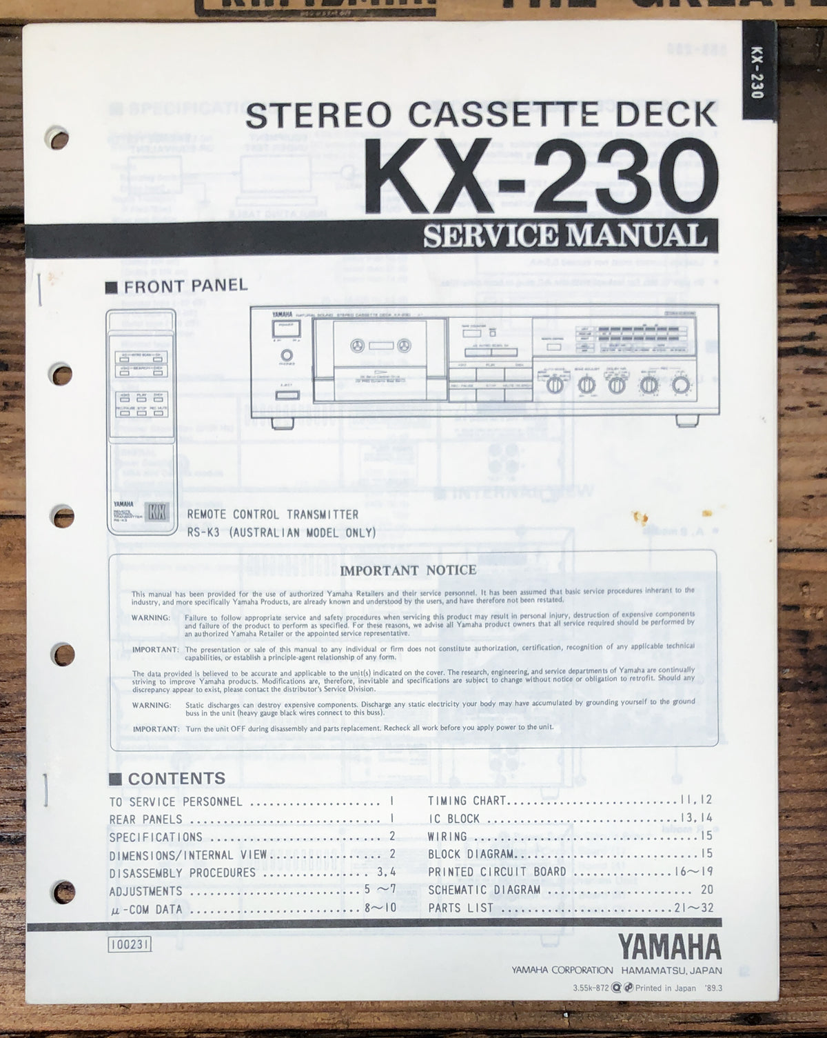 Yamaha KX-230 Cassette  Service Manual *Original*