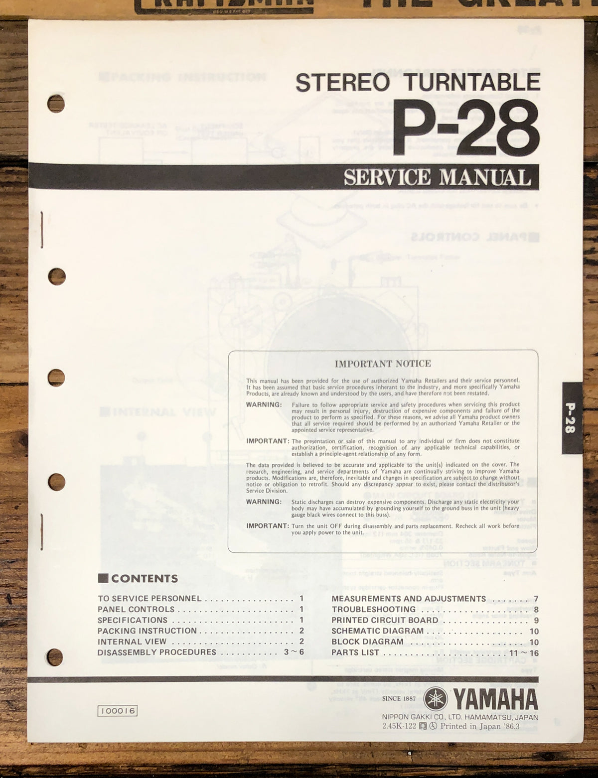 Yamaha P-28 Record Player / Turntable  Service Manual *Original*