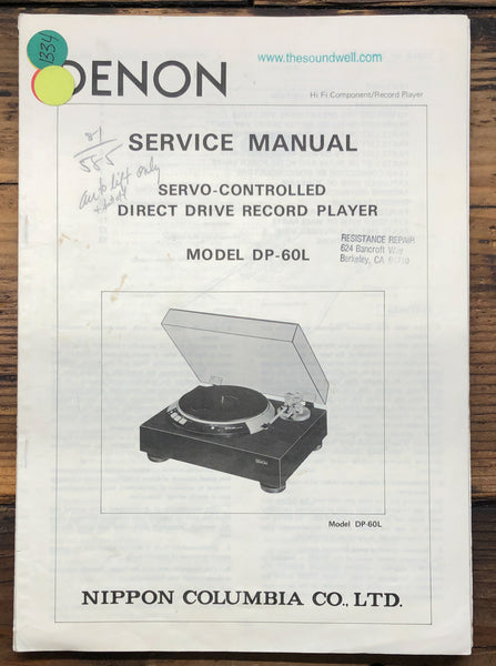 Denon DP-60L Record Player / Turntable  Service Manual *Original*