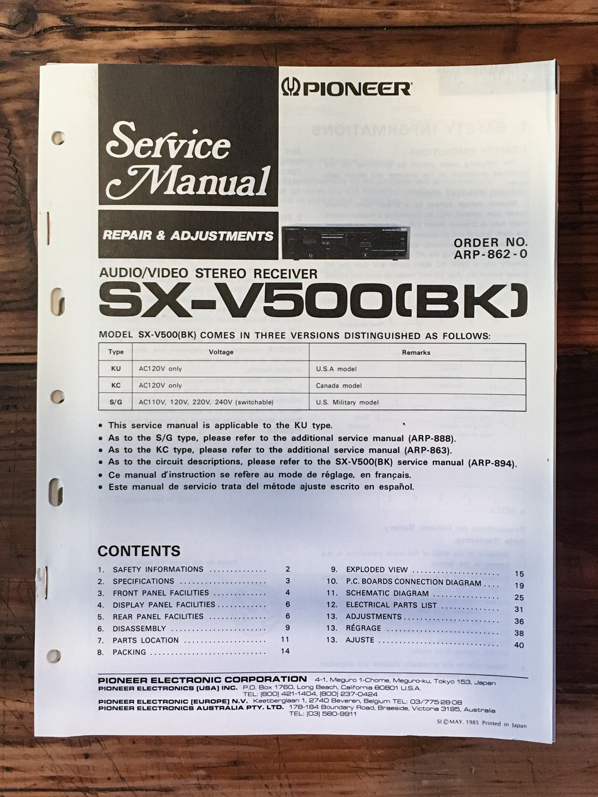 Pioneer SX-V500 Receiver Service Manual *Original* #1