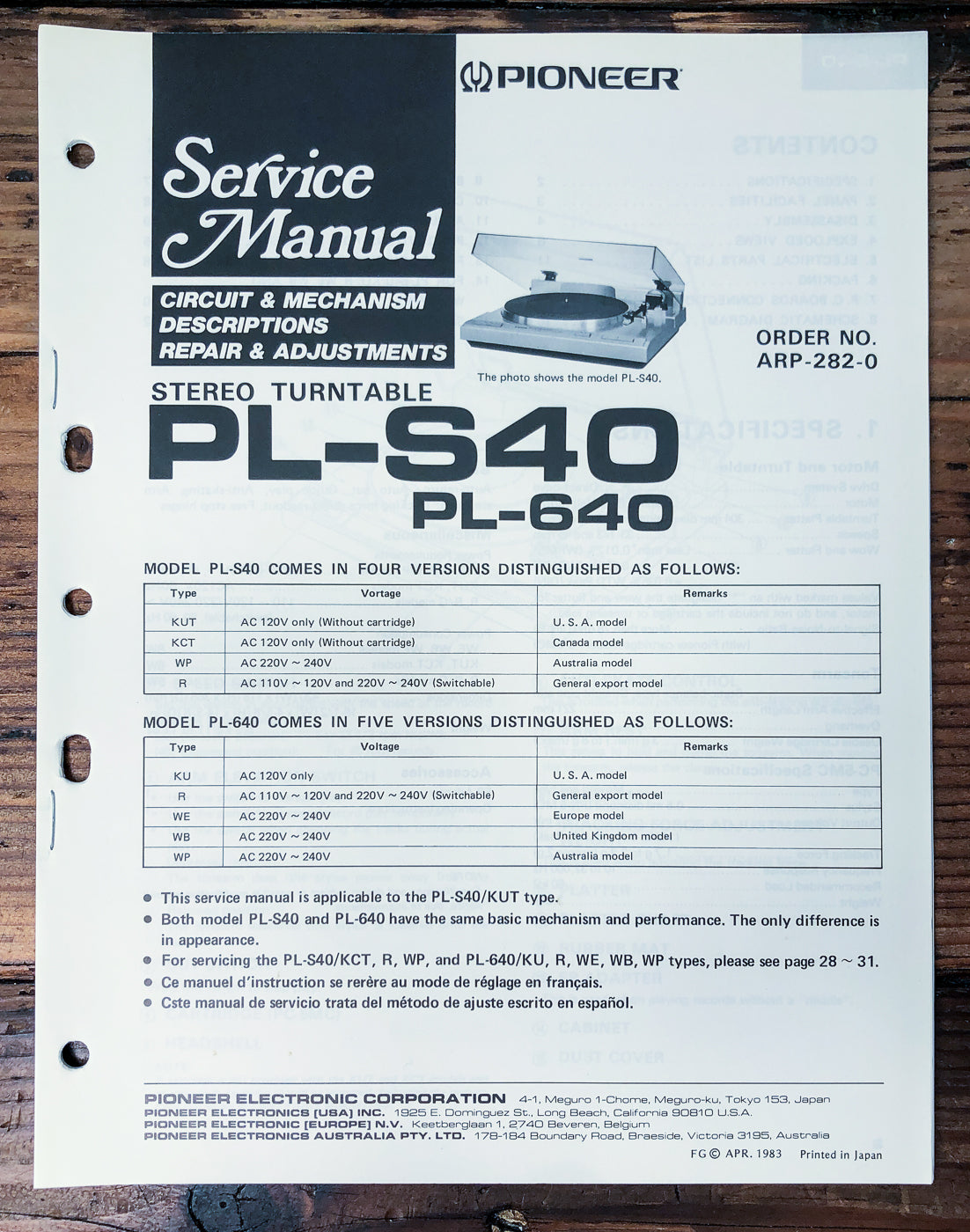 Pioneer PL-S40 PL-640 Turntable Service Manual *Original*