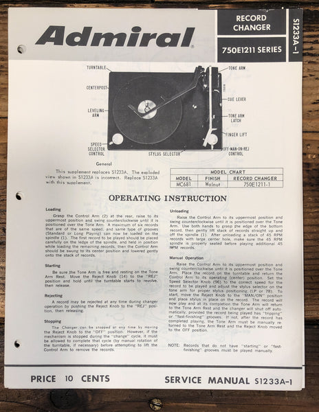 Admiral 750E 1211 Record Player / Turntable Service Manual *Original* #2