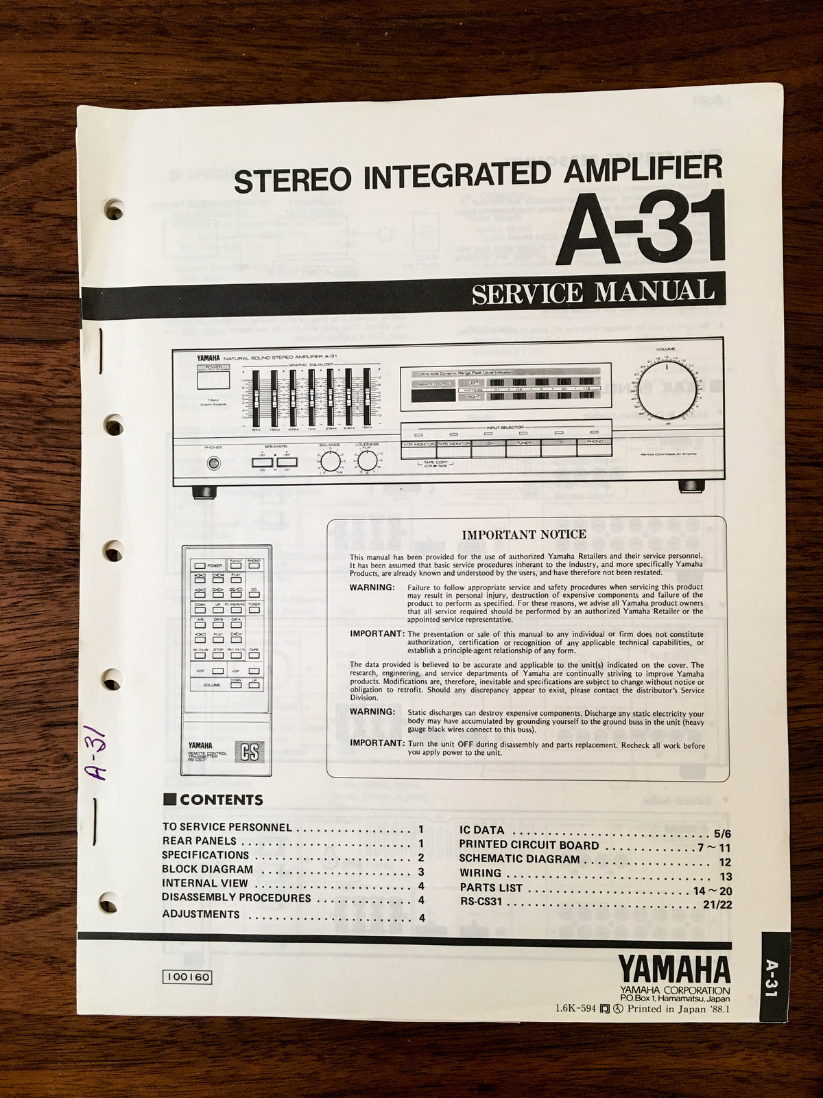 Yamaha A-31 Amplifier Service Manual *Original*