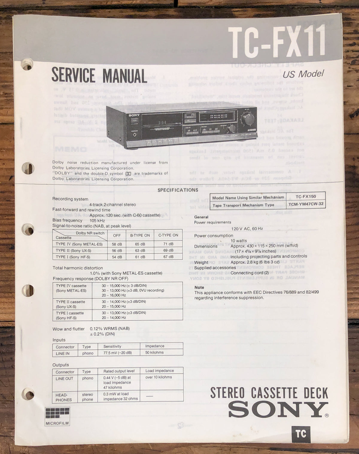 Sony TC-FX11 Cassette  Service Manual *Original*