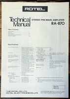 Rotel  RA-870 Amplifier  Service Manual *Original*