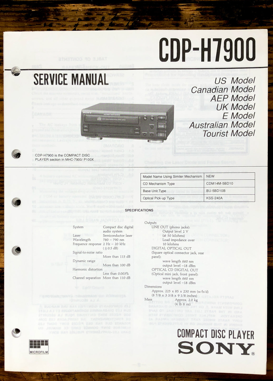 Sony CDP-H7900 CD Player  Service Manual *Original*