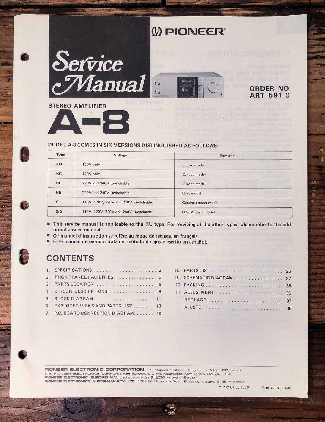Pioneer A-8 Amplifier Service Manual *Original*
