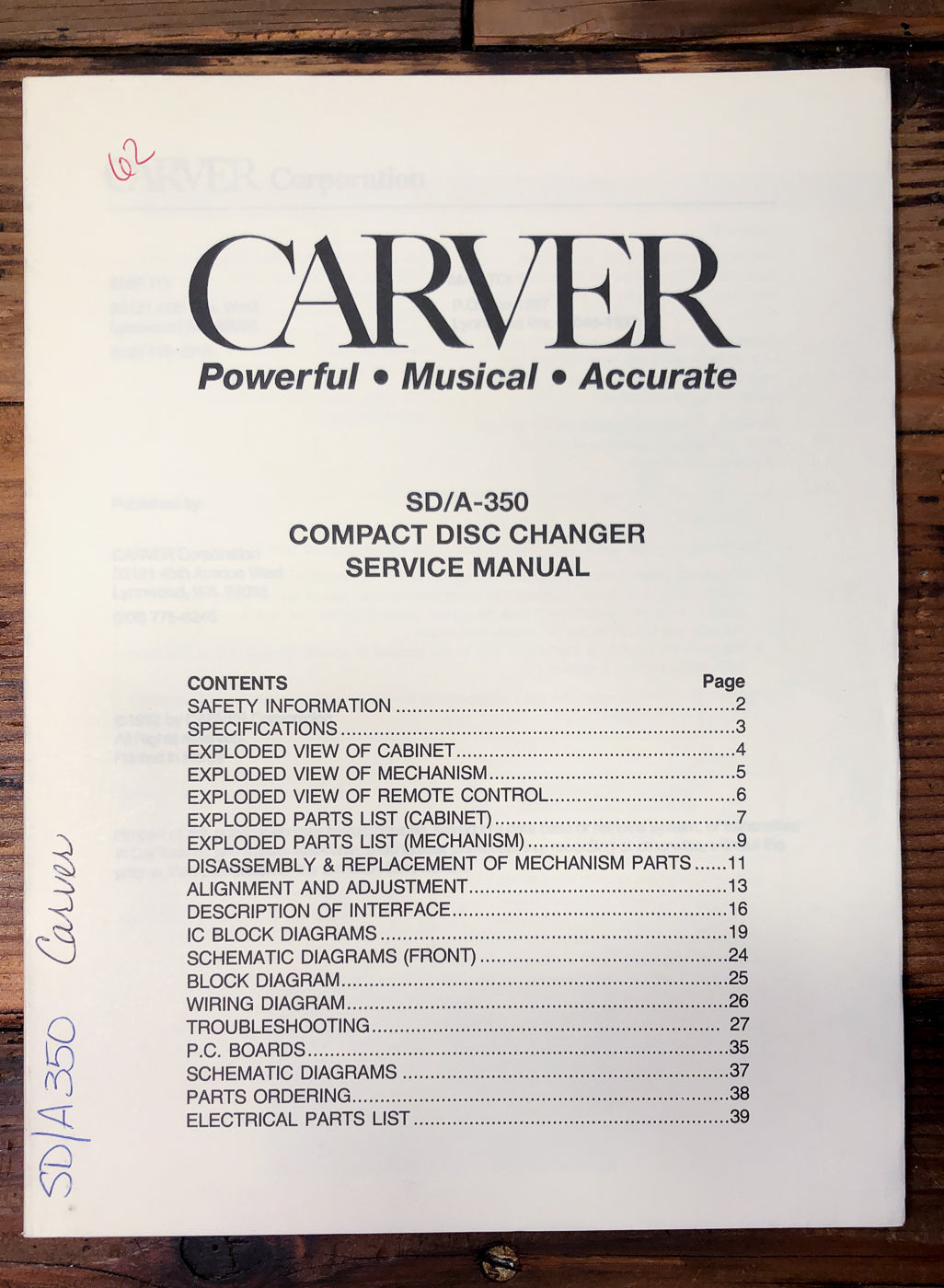 Carver SD/A-350 CD Player Service Manual *Original*
