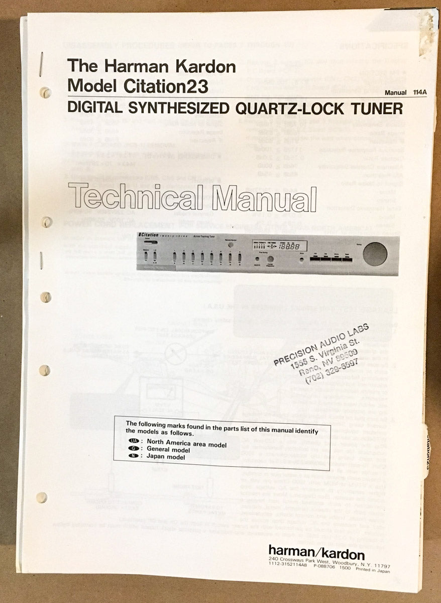 Harman Kardon Citation 23 Tuner Service Manual *Original* #1