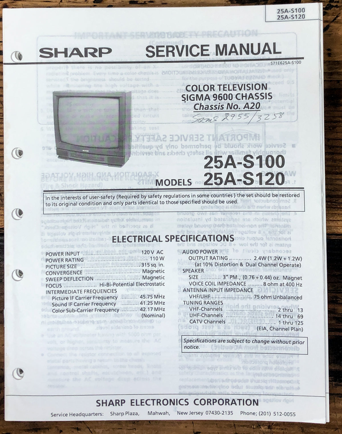 Sharp 25A-S100 25A-S120 TV / Television Service Manual *Original*